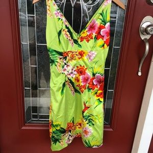 Dolce & Gabbana 90s silk midi cocktail lime green hibiscus dress with boning